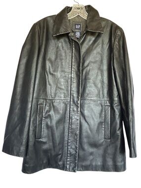 Vintage GAP Black Leather Car Coat Jacket Wool Lined Minimalist Womens Medium